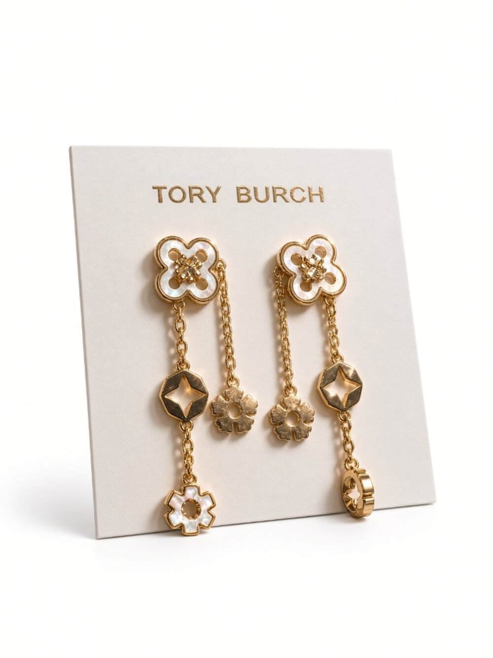 Brand New Tory Burch Kira Mismatched Clover MOP Drop Earrings Gold 2"